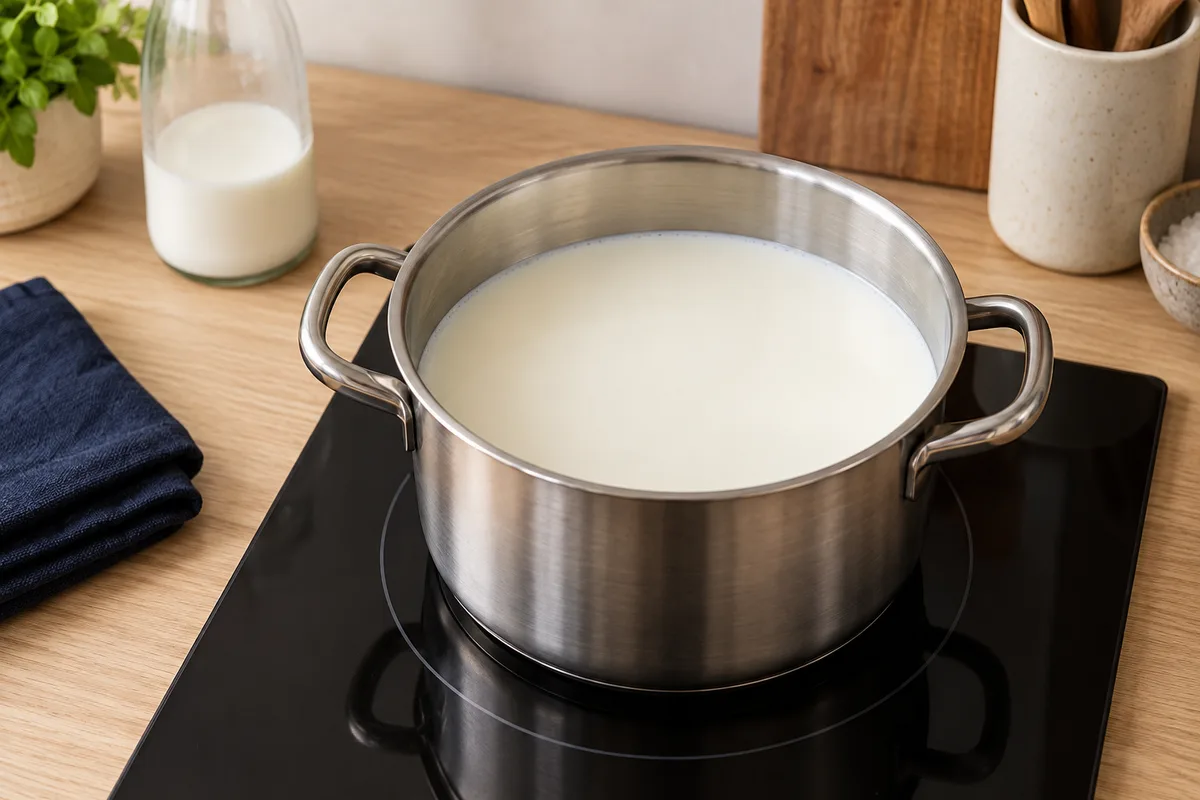 A stainless-steel pot of milk on a black induction cooktop.