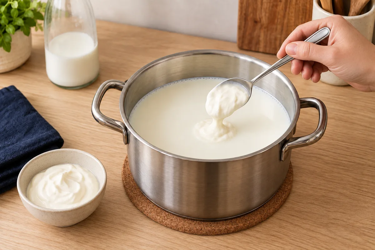 A spoon adding sour cream to warm milk in a stainless-steel pot.