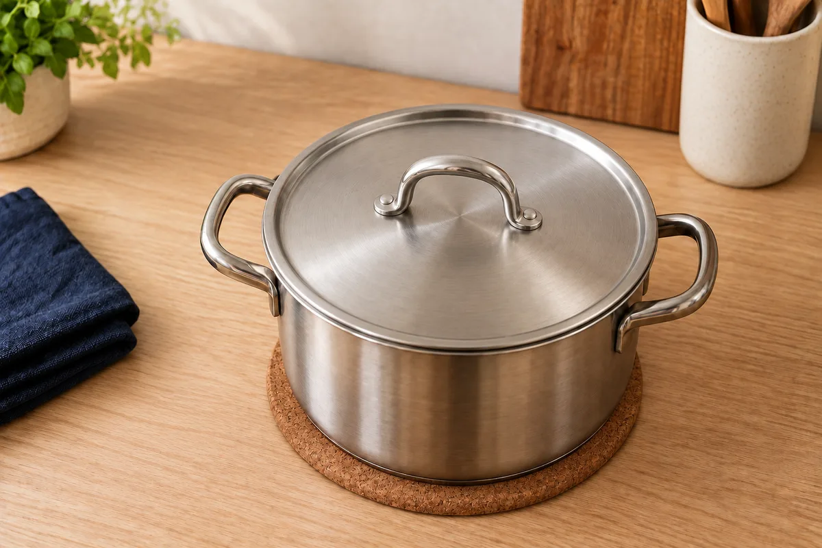 A covered stainless-steel pot resting on a cork trivet.