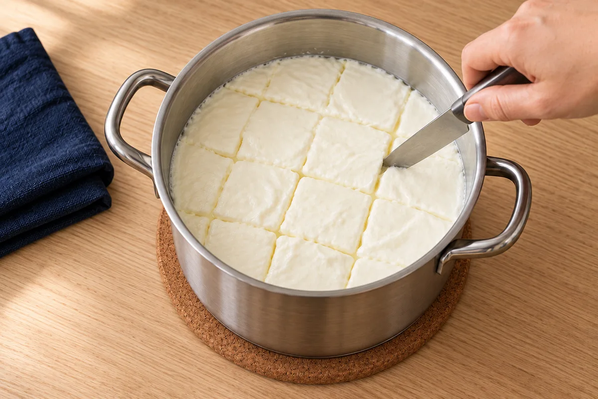 A knife cutting the soft set curd into a grid of large squares.