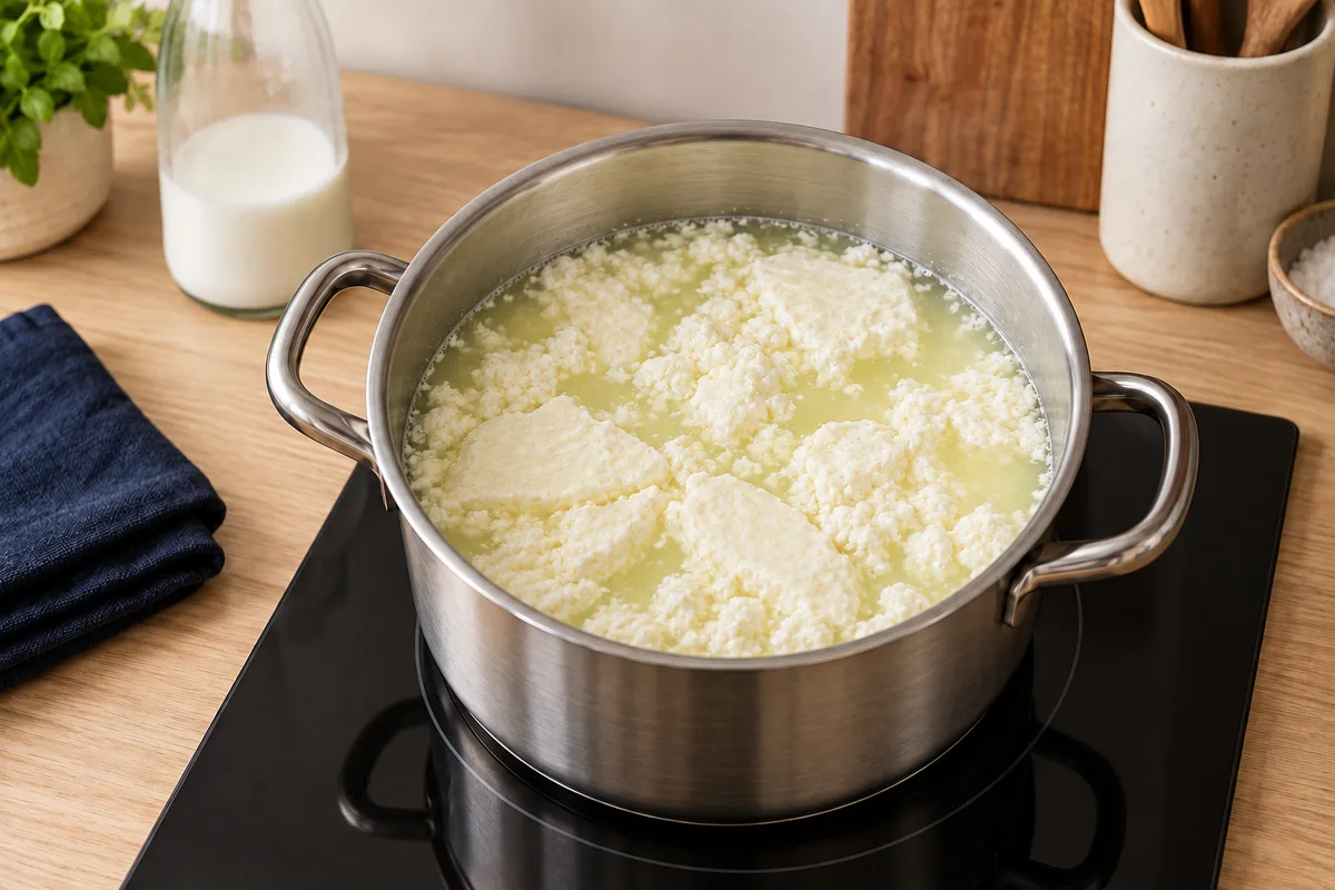 White curds surrounded by pale yellow whey in a pot on the cooktop.