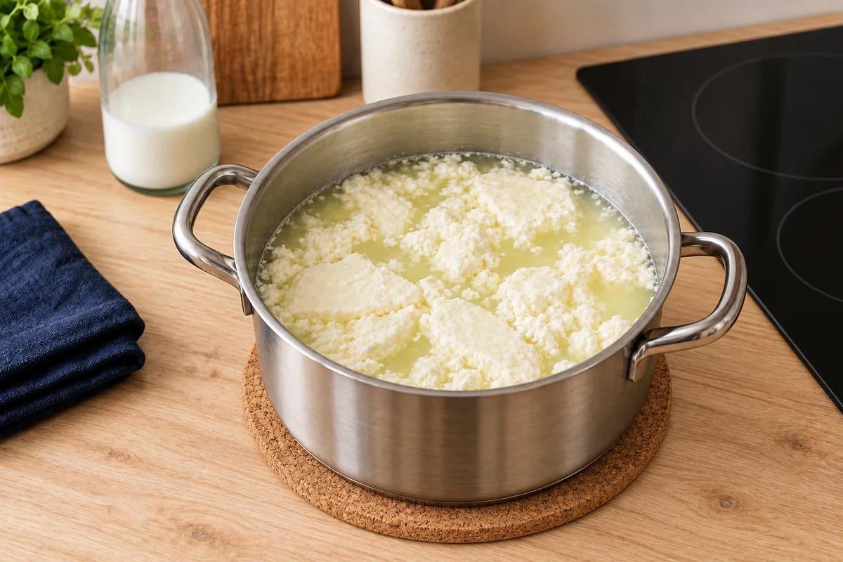 A pot of curds and whey cooling on a cork trivet beside the cooktop.