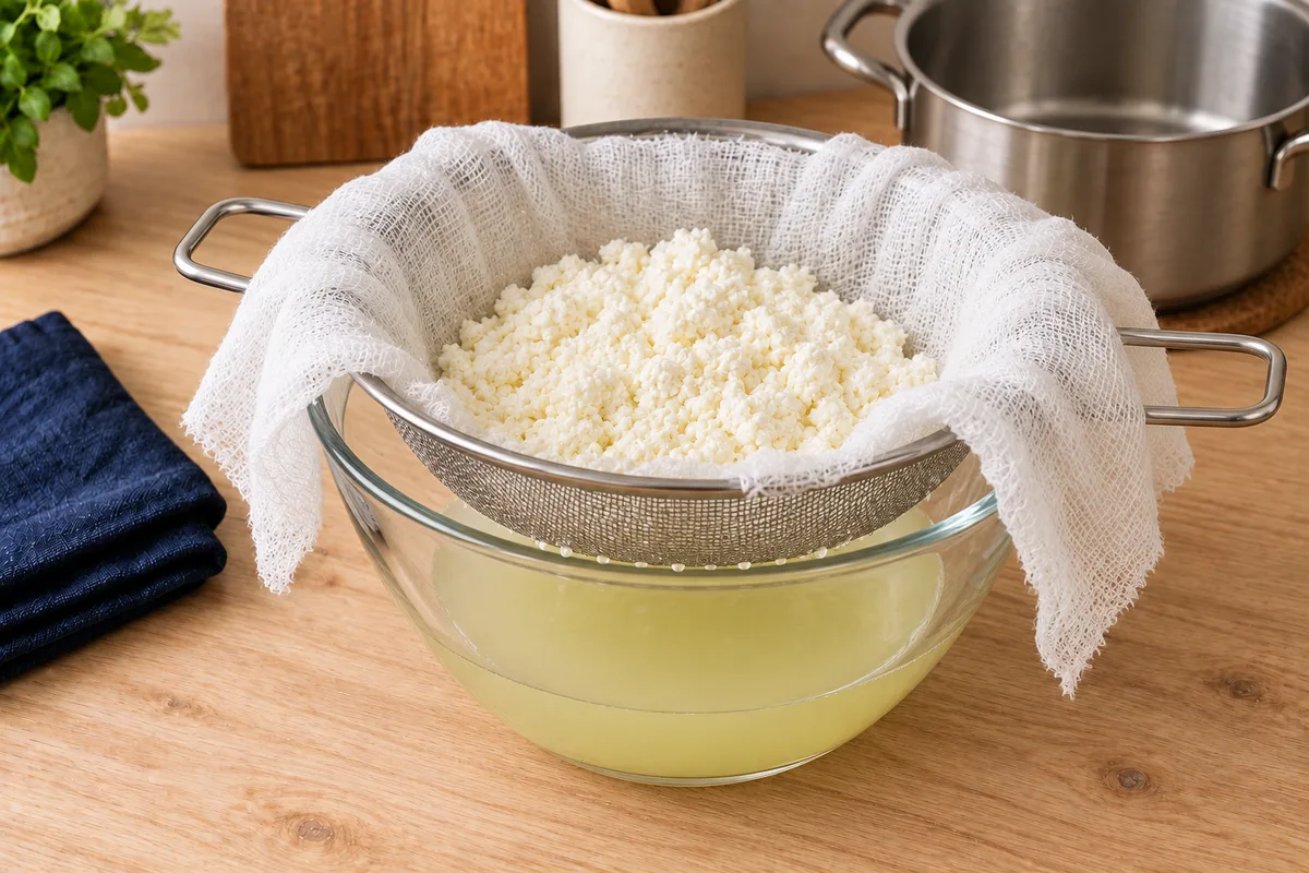 Fresh curds draining in a cheesecloth-lined sieve over a glass bowl of whey.