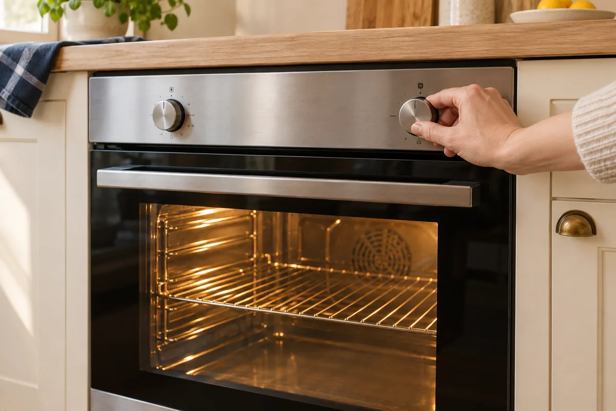 A hand turns the temperature knob on a closed oven with an empty illuminated rack.