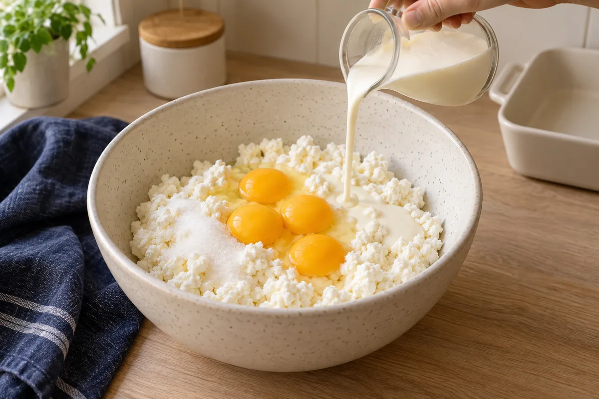 Heavy cream is poured into a ceramic bowl containing farmer cheese, four egg yolks and sugar.