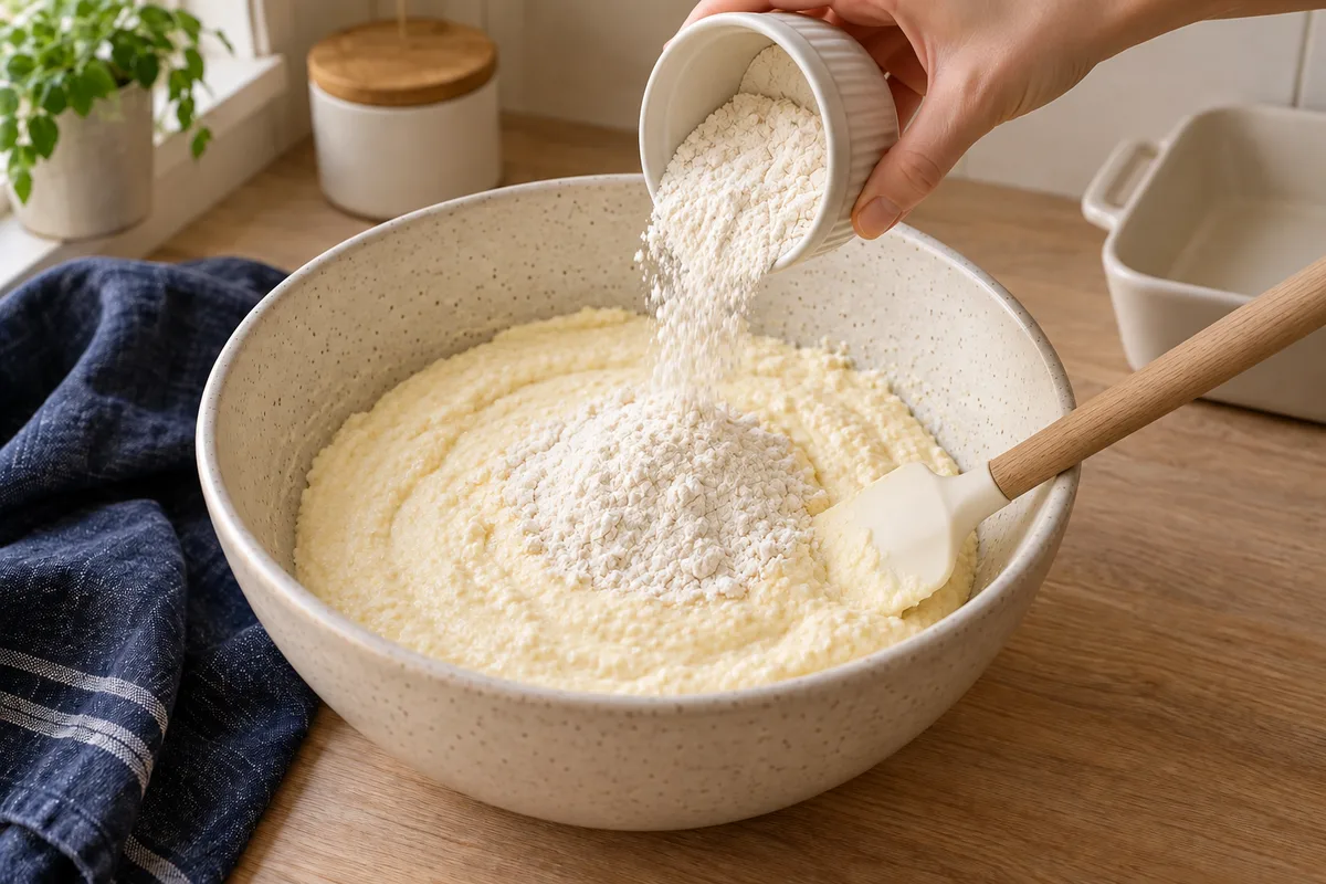 Flour is poured from a small ramekin into the cheese mixture beside a silicone spatula.