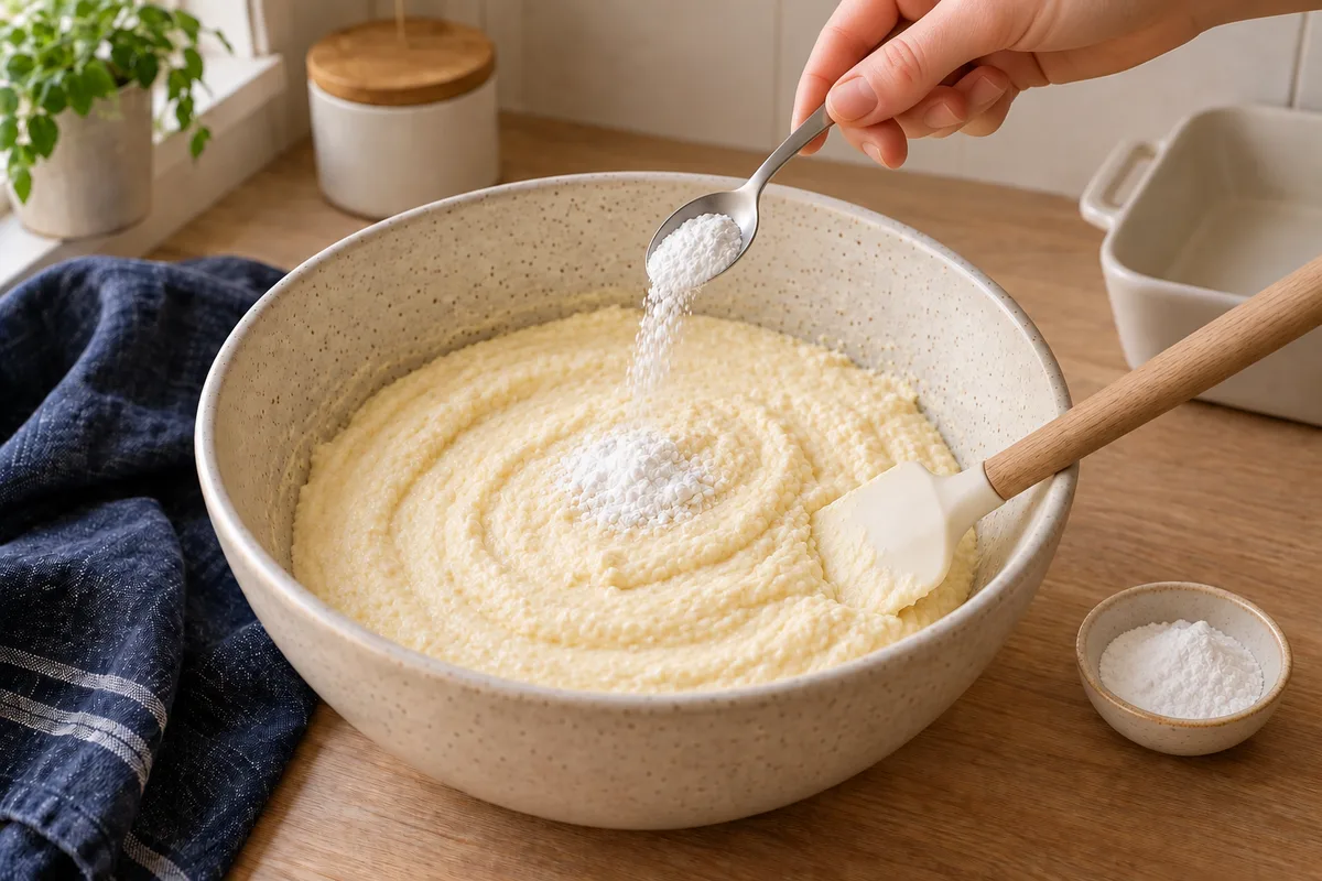 A teaspoon sprinkles baking powder into the mixed cheese batter.