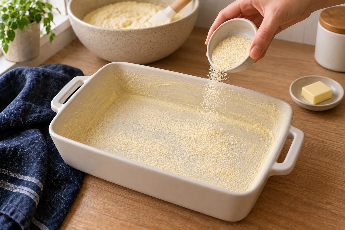 Semolina is sprinkled over the buttered base and sides of an empty rectangular ceramic dish.