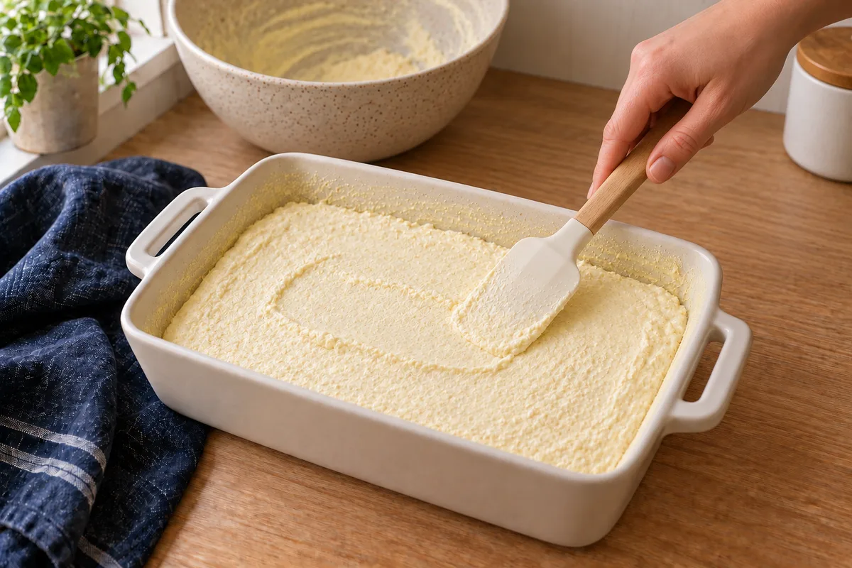 An ivory silicone spatula levels the cheese mixture in the prepared baking dish.