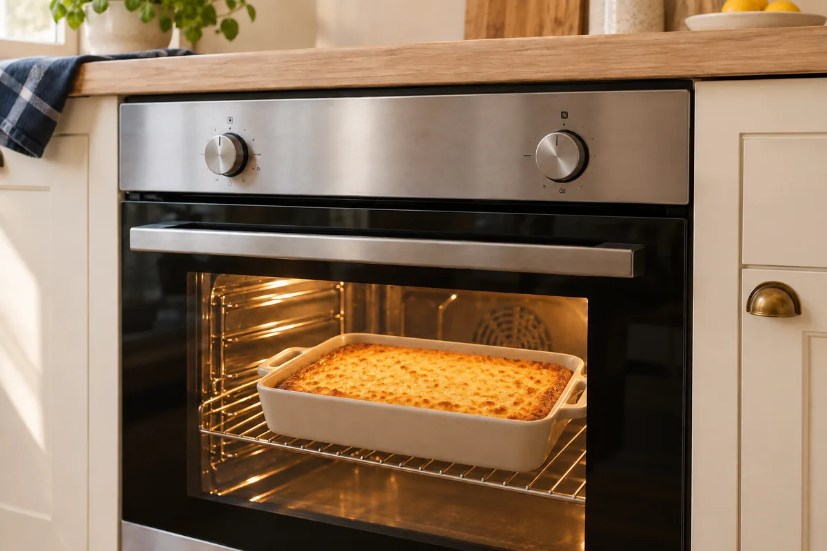 Golden baked zapekanka in an ivory ceramic dish on the middle oven rack.