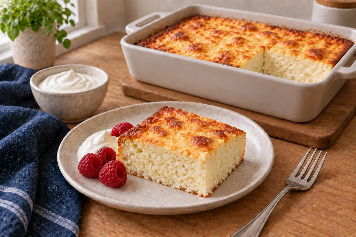 A raisin-free slice of zapekanka with a naturally browned top and tender farmer-cheese interior, served with sour cream and raspberries; the remaining casserole is behind it.