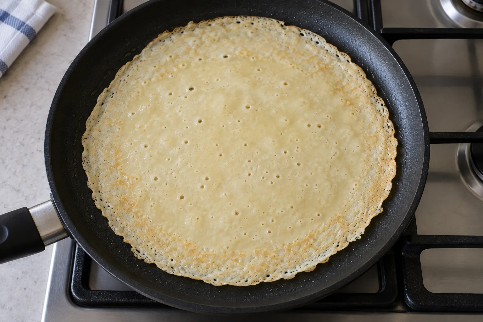 Flip when the thin batter has set and the edge loosens from the pan.