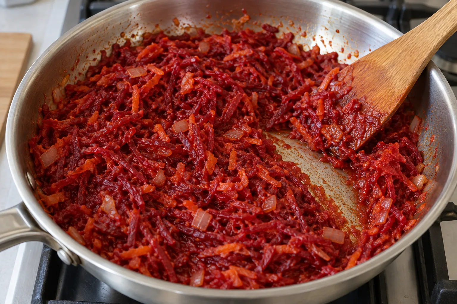 Cook the grated vegetables with tomato paste before adding them to the broth.