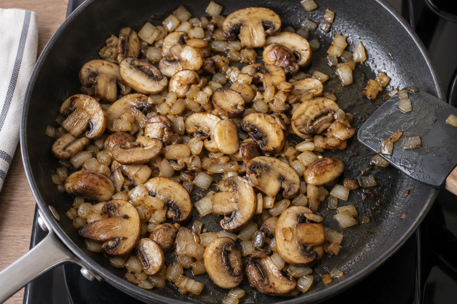Let mushroom moisture evaporate before combining with the cooked buckwheat.