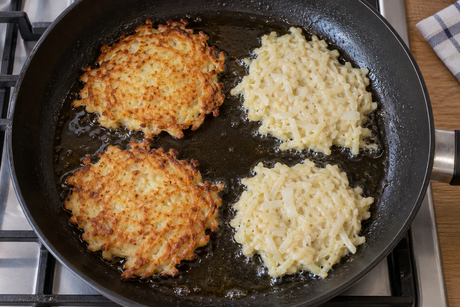 Flatten each spoonful so the potato cooks before the crust becomes too dark.