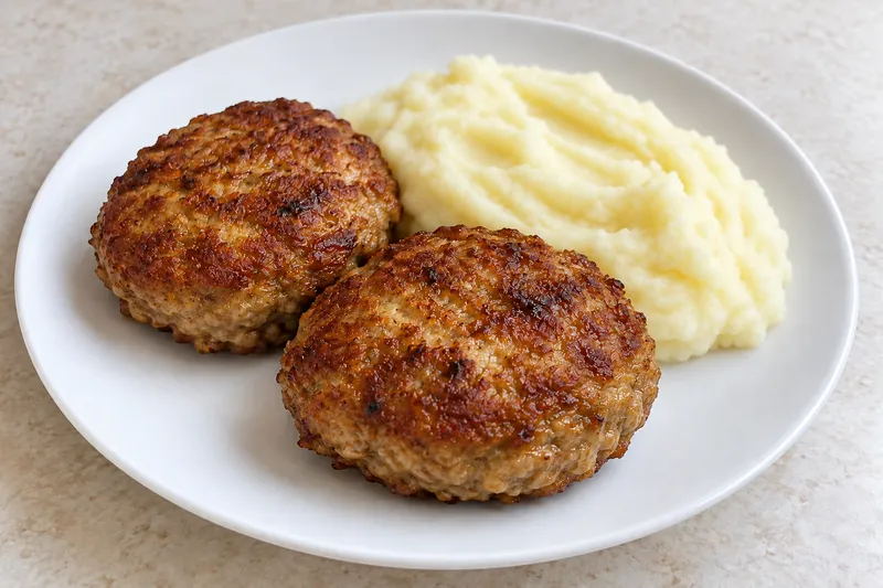 Two whole beef kotleti with creamy mashed potatoes.