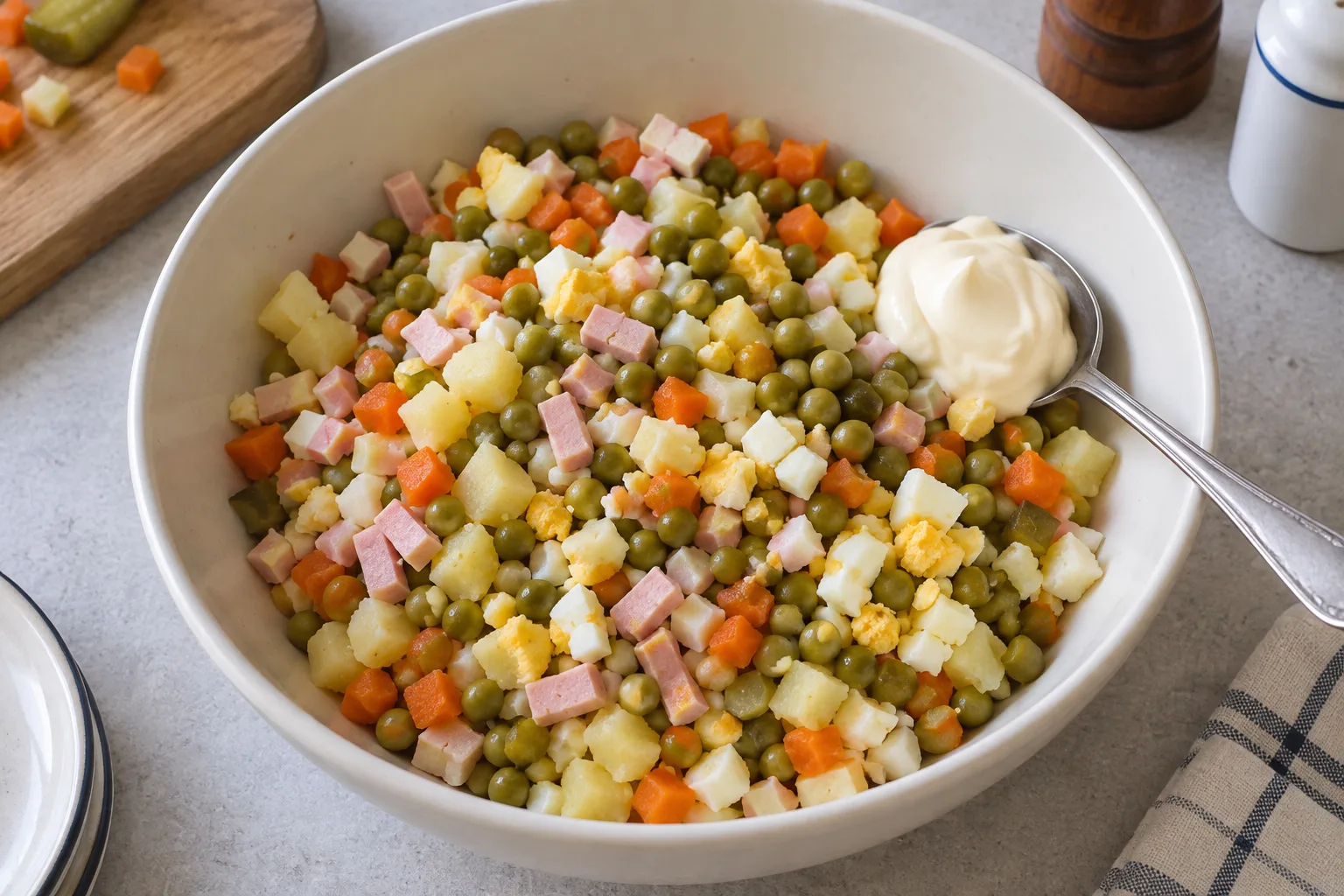 Dice cooled ingredients small and drain the peas before dressing.