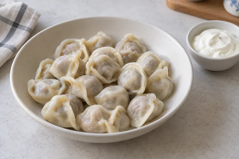 Handmade beef pelmeni - serving suggestion.