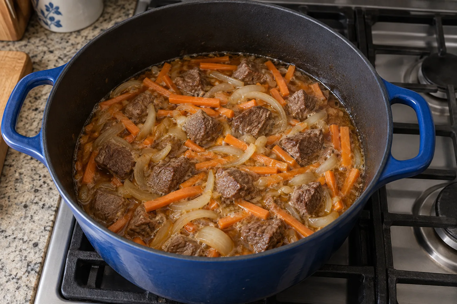 Simmer the beef, onion and carrot until the meat is tender, before layering rice.