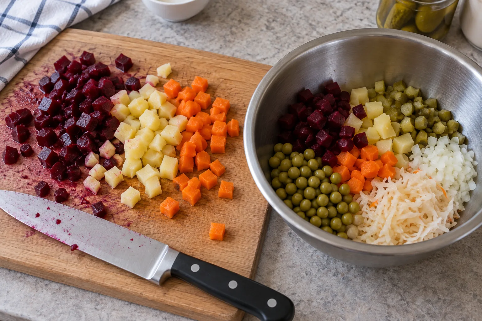Cool the vegetables before dicing and mixing with the pickles and sauerkraut.